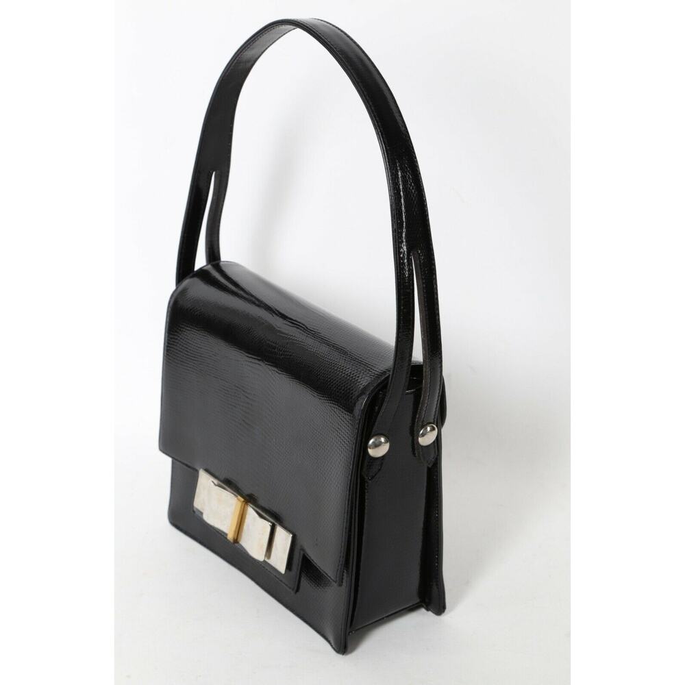 Vintage Black Snake Embossed Leather Bow Flap Handbag Purse